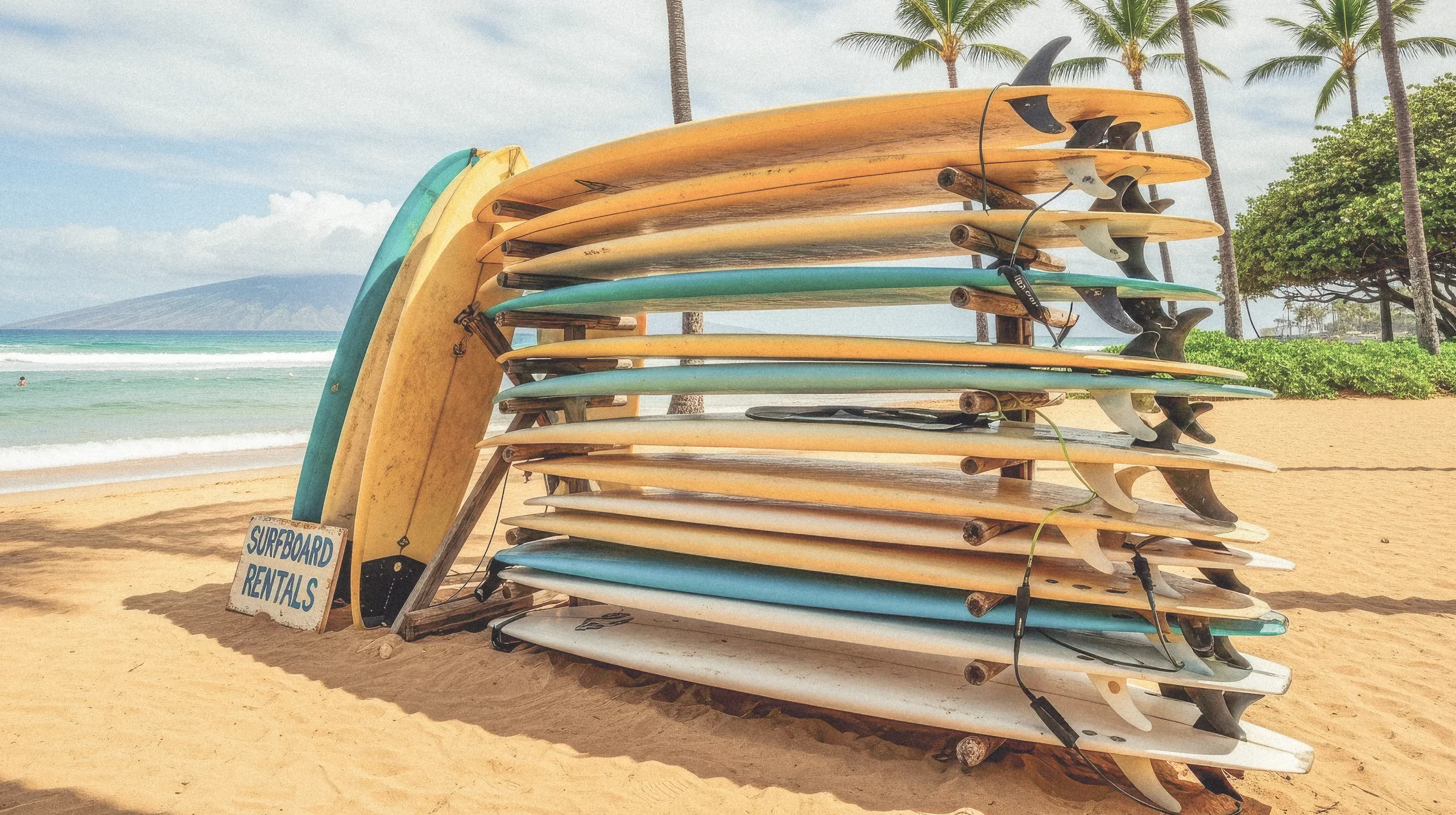 Group of surfers in red rash guards riding and waiting for waves in the ocean on a clear day.