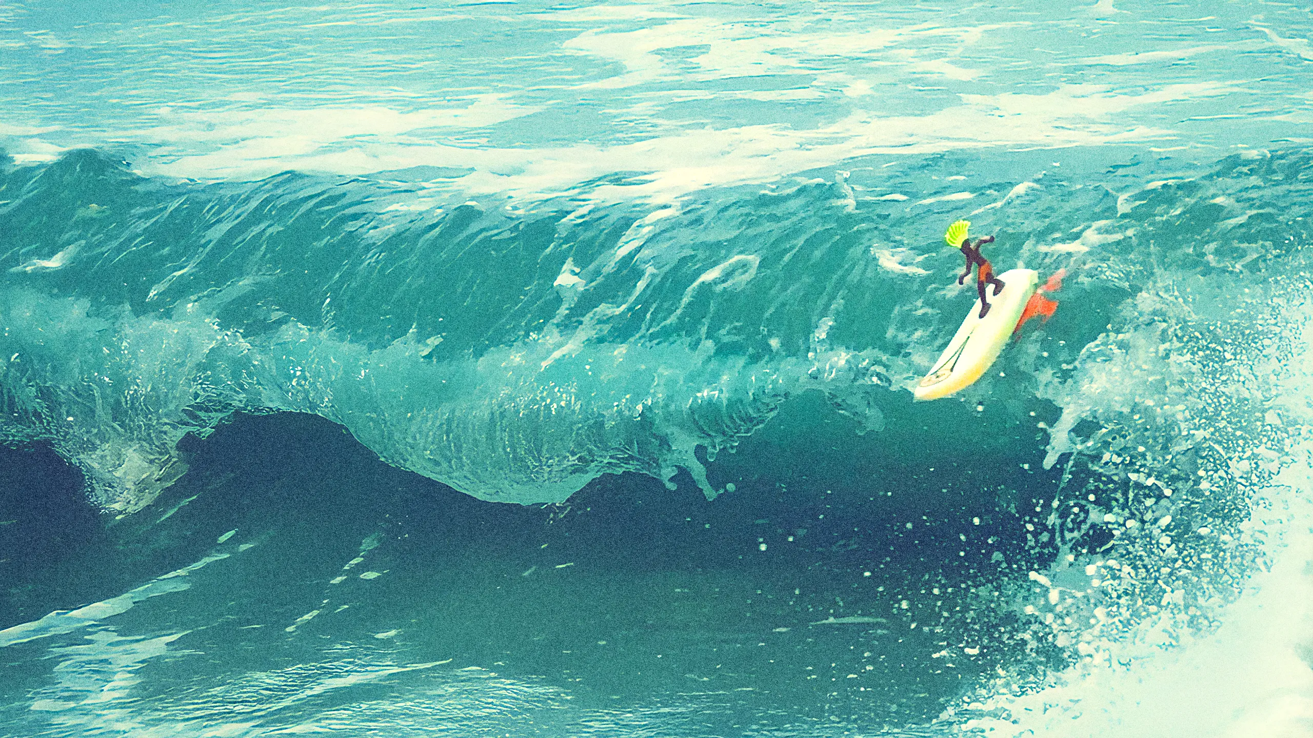 Statue of a surfer with flower leis on arms and surfboard behind, surrounded by palm trees under a clear sky.