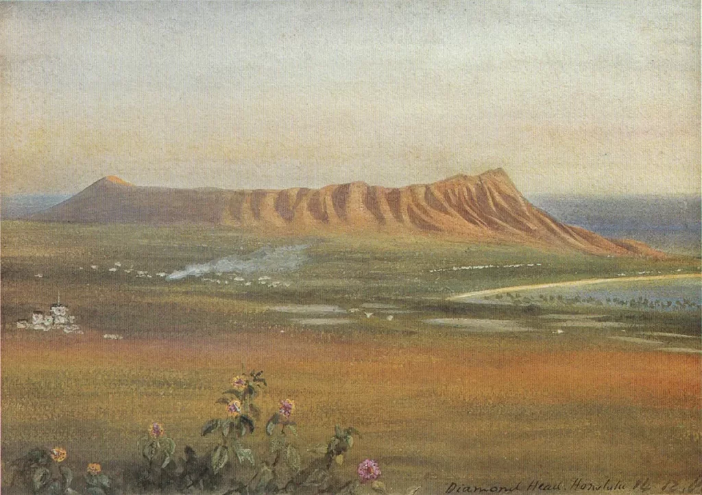 Diamond Head viewed from Waikiki in a 19th century oil painting by Enoch Wood Perry Jr.